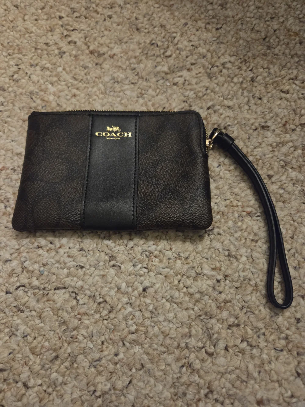 Coach Brown Signature Wristlet with Black Leather Center Stripe